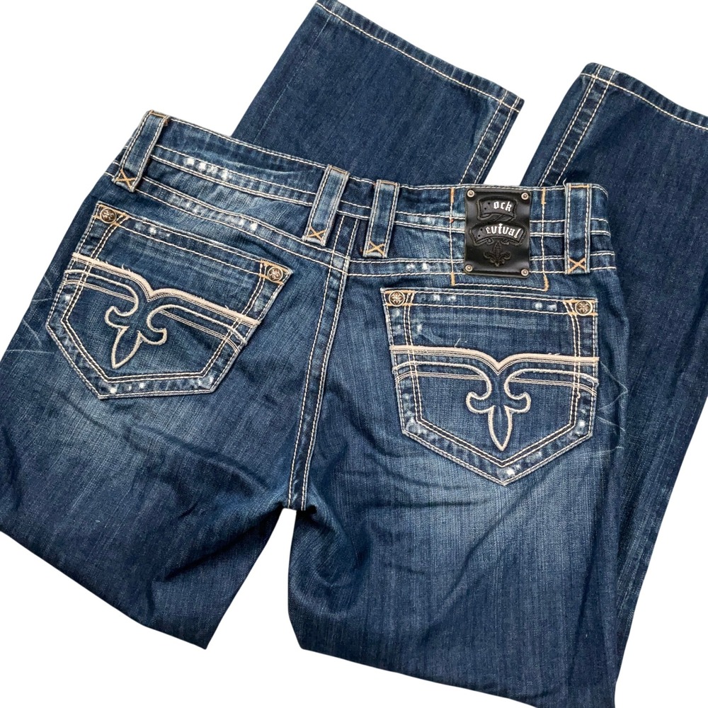 Rock Revival Curtis Jeans Mens 34 Blue Distressed Y2K Heavy Stitch Straight Leg